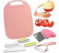 QINGHEC 6 Pcs Plastic Kitchen Knife Set, Toddler Chopping Knives, Kids Safety Knife with Paring Knife, Potato Slicer, Cutting Board for Chopping Lettuce Salads - Pink