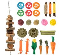 QINGLANG 28Pcs Rabbit Chew Toys Natural Hamster Chew Toys Boredom Breaker Rabbit Enrichment Toy Wood Chews Sticks Hamster Ball Grass Teeth Care Molar Toy for Bunny, Rat, Guinea Pig and Chinchilla