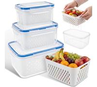 QINGLANG 3Pcs 4 in 1 Fridge Containers with Removable Colander Airtight & Leakproof Produce Saver Fruit Washing Bowl Drainer Serving Box for Salad Fruit Vegetables Meat Keeper Fresh