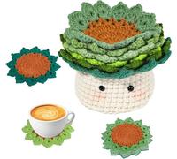 QINGLANG Crochet Kit for Beginners 6PCS Handmade Cup Mat with 1 Plant Pot Knitting Kit Crochet Starter Kit Beginner Crochet Kit with Step-by-Step Video Tutorials Crochet Yarn for Adults DIY Craft
