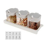 QINGLANG Glass Spice Jars with Lids and Spoon Clear Glass Condiment Jar with Tray Seasoning Jars for Spice Storage Canisters Sets for Kitchen,Salt Container,Sugar Pot,Coffee,Tea(White)