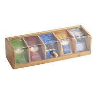 QINGLANG Tea Bag Storage Bamboo Divided Flip Top Tea Box Organiser with 5 Compartments Teas Caddy Coffee Bag Holder for Home, Office, Café Coffee Teabag Storage for Sugar Packets and Creamers