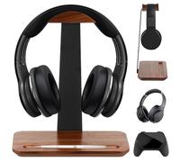 QINGLANG Walnut Wood Headphone Stand for Desk Natural Wooden Gaming Headset Holder with Organiser Base Tray Sturdy Aluminium Earphone Display Rack Compatible with Beats, Sony, Bose, Sennheiser