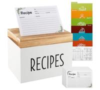 QINGLANG Wooden Recipe Box with 107 Recipe Cards and 6 Dividers, 6x4 Inch Recipes Card Holder Box Set with Lid and Slot Farmhouse Kitchen Organiser for Cooking Lovers(White)