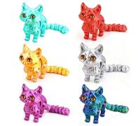 QINGMIAO 6Pcs 3D Printed Cat Kit, Articulated Toys for Adults White,Black,Green,Purple,Gold, 3D Print Animals Fidget Toys Decor for Stress Relief, 3D Printing Cute Cat Action Figure (Set C)