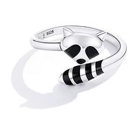 Qings 925 Sterling Silver Raccoon Ring, Adjustable Racoon Ring Cute Animal Stacking Open Rings Knuckle Thumb Finger Statement Band, Fashion Jewellery Birthday Gifts for Women Girls