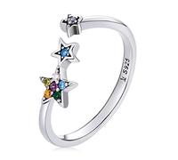 Qings 925 Sterling Silver Star Ring Lucky Star Adjustable Rings for Women Colorful Zircon Open Rings for Women and Girls Birthday Gifts