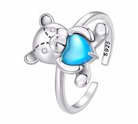 Qings Adjustable Teddy Bear Ring 925 Sterling Silver Blue Love Heart Open Rings Cute Animal Rings Birthday Jewelry Gifts for Teen Girls Women