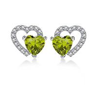 Qings August Peridot Birthstone Stud Earrings Olive Green Cubic Zirconia 925 Sterling Silver Platinum Plated Double Heart Hollow Present for Mother Mom