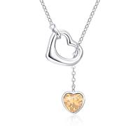 Qings Citrine Birthstone November Topaz Necklace 925 Sterling Silver Yellow Heart Cubic Zirconia Birth Stone Gemstone Y Shaped Necklace Valentine’s Day Jewelry Gifts for Women Wife Girls