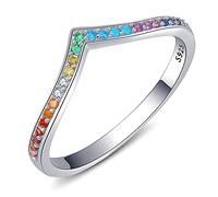 Qings Colorful CZ V Shape Ring for Women, 925 Sterling Silver Wishbone Engagement Ring Chevron Band Ring Wedding Band Thumb Stackable Ring