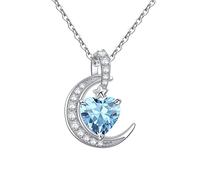Qings Crescent Moon Birthstone Necklace - March Aquamarine Heart Blue Necklaces Sterling Silver Dainty CZ Birthday Gifts for Women Grandmother