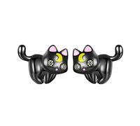 Qings Cute Cat Stud Earrings - 925 Silver Kitty Animal Studs with Yellow Pink Enamel, Hypoallergenic Cat Cubic Zirconia Earrings for Women & Girls