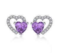 Qings February Birthstone Amethyst Stud Earrings 925 Sterling Silver Hollow Double Heart Purple CZ Dainty Birthdays Gifts for Girlfriend Daughter
