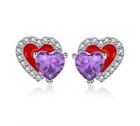 Qings February Birthstone Amethyst Stud Earrings 925 Sterling Silver Red Enamel Double Heart Purple CZ Dainty Birthdays Gifts for Girlfriend Daughter