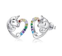 Qings Girls Unicorn Earrings 925 Solid Silver Stud Earring for Women, Cute Small Heart Studs Animal Jewellery Colorful Zirconia Nickel-Free Earrings for Sensitive Ears