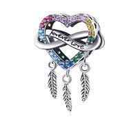 Qings Heart Dream Catcher Bead Colorful Heart-shaped Hollow Infinity Feather Forever Love Pendant Charm 925 Sterling Silver for Bracelet Necklace Elegant Dainty Jewelry Gift for Women Girls