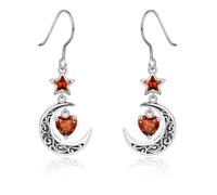 Qings January Garnet Birthstone Earrings for Women Sterling Silver 925 Crescent Moon Dangle Celtic Earrings with Red Heart Zirconia Gemstone Jewelry Gifts for Mother