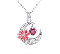 Qings July Ruby Birthstone Necklace Sterling Silver 925 Crescent Moon Birth Flower Lotus Pendant Necklace Birth Stone Birthday Gifts for Women Mom Wife