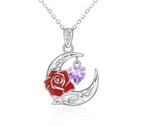 Qings June Alexandrite Birthstone Necklace Sterling Silver 925 Crescent Moon Birth Flower Rose Pendant Necklace Birth Stone Birthday Gifts for Women Mom Wife