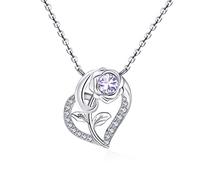 Qings June Alexandrite Moonstone Birthstone Necklace for Women 925 Sterling Silver Rose Flower Heart Pendant Necklaces with Cubic Zirconia Anniversary Birthstones Jewellery Gifts for Wife Her