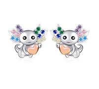 Qings Kids Axolotl Earrings for Girls Solid Silver Salamander Stud Earring for Women, Cute Animal Studs Pink Heart CZ Jewellery Lovely Earrings for Daughter Sensitive Ears