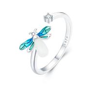 Qings Luminous Firefly Adjustable Ring for Women, 925 Sterling Silver Glow-in-the-Dark Fireworm Ring Cute Animal Open Ring for Girls Teen