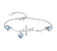 Qings March Aquamarine Birthstone Bracelets with 3 Cubic Zirconia Sterling Silver 925 Cross Faith Adjustable Chain Bracelet with Heart Charms Pendant Birthday Christmas Jewellery Gift for Women Girl