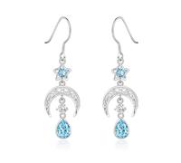 Qings March Aquamarine Birthstone Earrings for Women 925 Sterling Silver Celtic Moon and Star Birth Stone Dangle Earrings with Oval Zirconias Birthday Jewelry Gifts for Family Friends