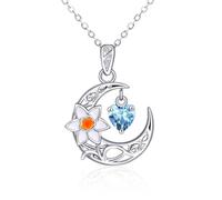 Qings March Aquamarine Birthstone Necklace Sterling Silver 925 Crescent Moon Birth Flower Daffodil Pendant Necklace Birth Stone Birthday Gifts for Women Mom Wife