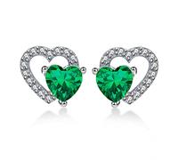 Qings May Birthstone Emerald Stud Earrings Sterling Silver Dainty Hollow Love You Forever Green Heart-shaped CZ Gemstone Cubic Zirconia Jewelry Gifts for Girls Wife