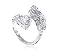 Qings Moissanite Birthstone Heart Ring for Women 925 Sterling Silver Guardian Angel Wing Feather Open Adjustable Diamond Wedding Promise Rings April Birth Stones Jewellery Gifts for Girls
