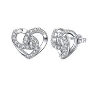 Qings Moissanite Heart Studs Earrings, Silver April Gemstone Birthstone Stud Earring for Women Girls, Ladies 925 Sterling Silver Celtic Knot Heart White Cubic Zirconia