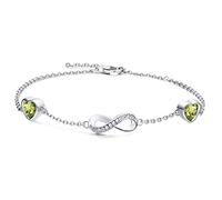 Qings Peridot August Birthstone Bracelet for Women 925 Sterling Silver Infinity Bracelets with 2 Olive Green Heart Cubic Zirconia Charms Christmas Birthday Birthstone Jewellery Friendship Gift