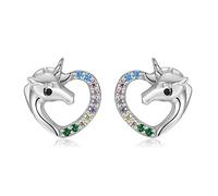 Qings Rainbow Unicorn Earrings, 925 Sterling Silver Heart Shaped Stud Earrings with Colorful Cubic Zirconias, Jewellery Gift for Women Girls Niece Birthday Christmas Thanksgiving Day Valentine's Day