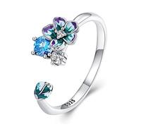 Qings Shining Flower Open Ring 925 Sterling Silver Blooming Purple Flowers Shiny Bud Adjustable Ring for Women Girls