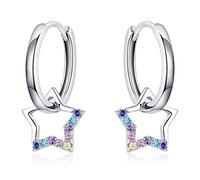 Qings Star Dangle Hoop Earrings, 925 Sterling Silver Huggie Earrings Sparkling Colorful Cubic Zirconia Hypoallergenic Sleeper Hoops Jewelry Gift for Girls Women Teen, Multicolor (SDD-ER14-C)