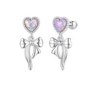 Qings Women's Opal Earrings 92 Sterling Silver Bow and Stud Devil with 5 mm Heart Simulation Opal Cubic Zirconia Birthday Christmas Jewellery Gift, Silver, Cubic Zirconia