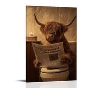 QINGSDEC Posters Applicable to Highland Cow Sitting On The Toilet Reading Canvas Oil Painting Decorative Painting Art Poster Hanging Painting Home Living Room Bedroom Dining Wall 12x18inch(30x45cm) Fr