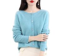 QingxingFa Cashmere Button Front Long Sleeve Cardigan Soft Warm Knit Elastic Jumpers,Cashmere Cardigan Sweaters for Women (Blue,L)
