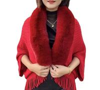 QingxingFa Knitted Shawl, Knitting Thick Women's Loose Shawl with Fur Collar,Ladies Knitted Loose Thickened Shawl (red)
