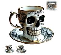 QingxingFa Royal Skull Coffee Mug,Gothic Porcelain Tea Cup with Gold Trim,Halloween Skull Cup with Saucer Set,Great for Coffee Lovers and Collectors (B)