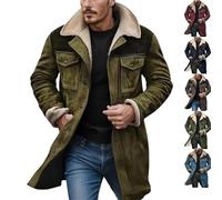 QingxingFa Western Jackets for Men,men's vintage suede long casual coat,Plush Collar Coats Faux Leather Zip Up Casual Retro Winter Tops (dark green,L)