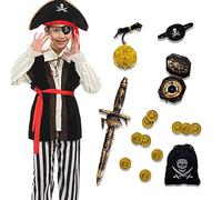 Qingzhuan Pirate Costume Kids, Boys Costume with Pirate Hats, Eye Patch, Pirate Accessories, Pirate Costume for Halloween, Pirate Party, Carnival, Size M