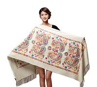 Qingzhuan Women's Fashion Long Shawl Classic Tassel Warm Soft Chunky Wool Scarf Retro Hand embroidery Large Blanket Wrap Shawl Cashew Flower Scarves White