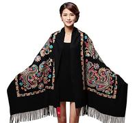 Qingzhuan Women's Fashion Long Shawl Classic Tassel Warm Soft Chunky Wool Scarf Retro Hand embroidery Large Blanket Wrap Shawl Cashew Flower Scarves Black