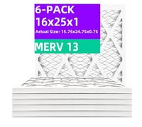 Qingzhug 16x25x1 MERV 13 (6-Pack) Pleated Air Filter (Actual Size: 15.5"x24.5"x0.75") MPR 1900 & FPR 10, Furnace Air Filters
