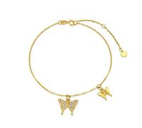 Qinhaixi 9 ct Gold Butterfly Bracelet, Solid Yellow Gold Double Butterfly Charm Bracelet, Cable Chain Bracelet with 5A Cubic Zirconia, for Women Ladies Girls, 6.5"+1"+1"