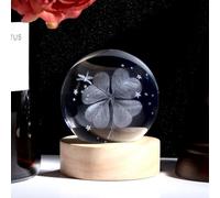QINJIEJIE 3D Four-leaf Clover Crystal Ball with Wooden Led Base Crystal Light Atmosphere Lights Glass Lamp Ornaments Home Decor Themed Space Birthday Crystals Gifts for Women Kids