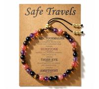 QINJIEJIE Crystal Bracelet Safe Travels & Good Luck Adjustable 6mm Crystal Bead Bracelets Black Tourmaline & Amethyst & Tigers Eye & Sunstone Healing Crystals Bracelets Travel Gifts for Women Men